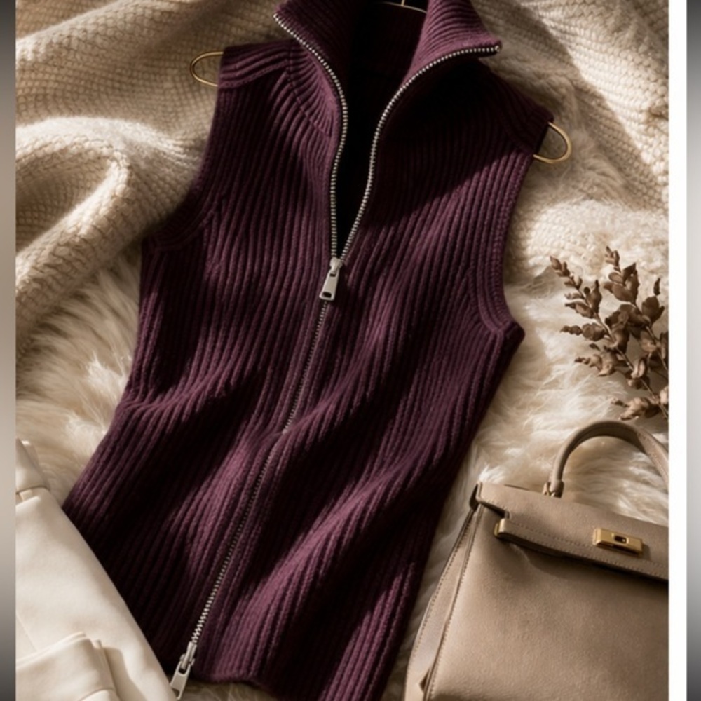 Zara Ribbed Zip Knit Sleeveless Turtleneck Vest